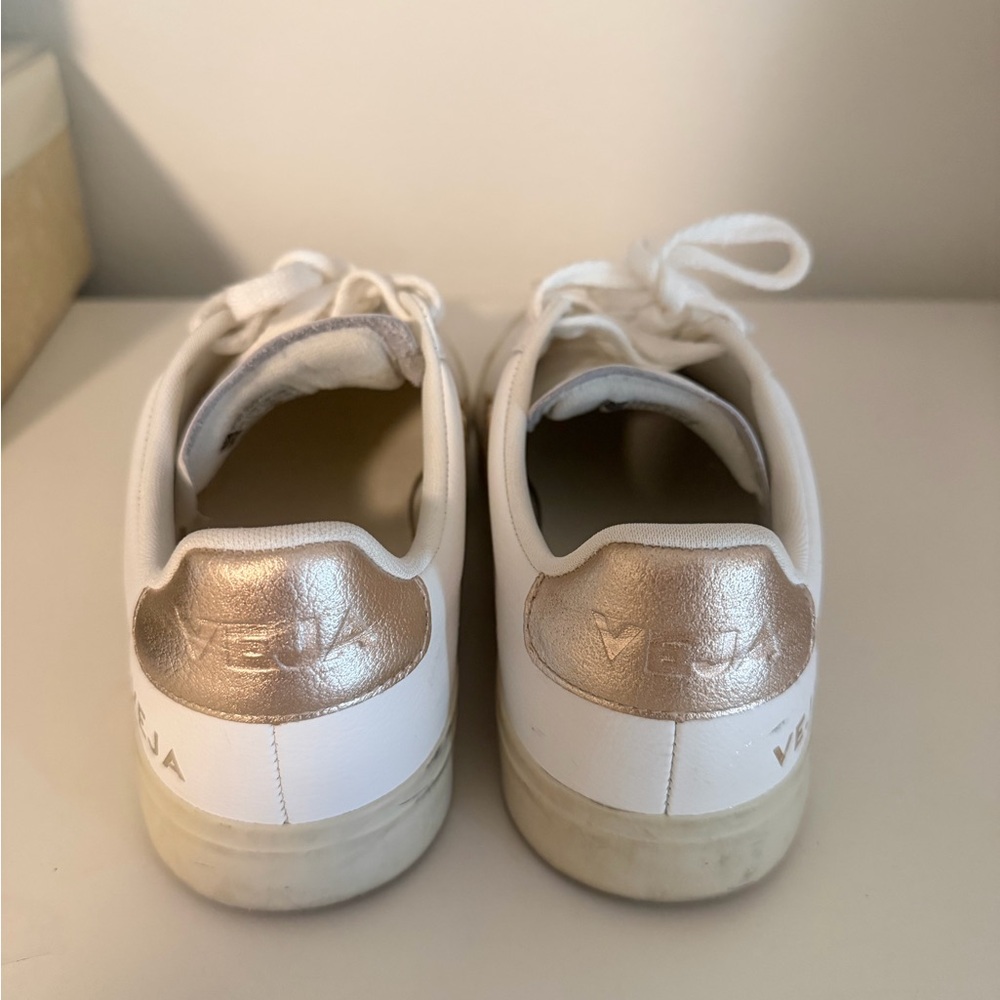 Veja White Leather Sneakers with Tan Accents - Picture 3 of 5
